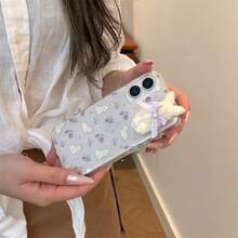 时尚高端紫色油画花卉草莓兔3D毛绒公仔，适用于 17 Pro Max、Apple 14手机壳、15新款16 Pro、13少女硅胶防震保护套 - 紫色 - 查看 2