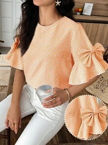 LUNE Camisa de Mujer a Cuadros con Cuello Redondo y Lazo Decorativo, Casual, Linda, Versátil, para Uso Diario, Vacaciones, Naranja y Blanco, Verano - Naranja - Ver 1