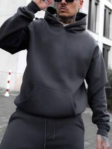 Men's Solid Color Loose Fit Casual Hooded Sweatshirt, Versatile Street Style , Fall - Dark Green - View 2