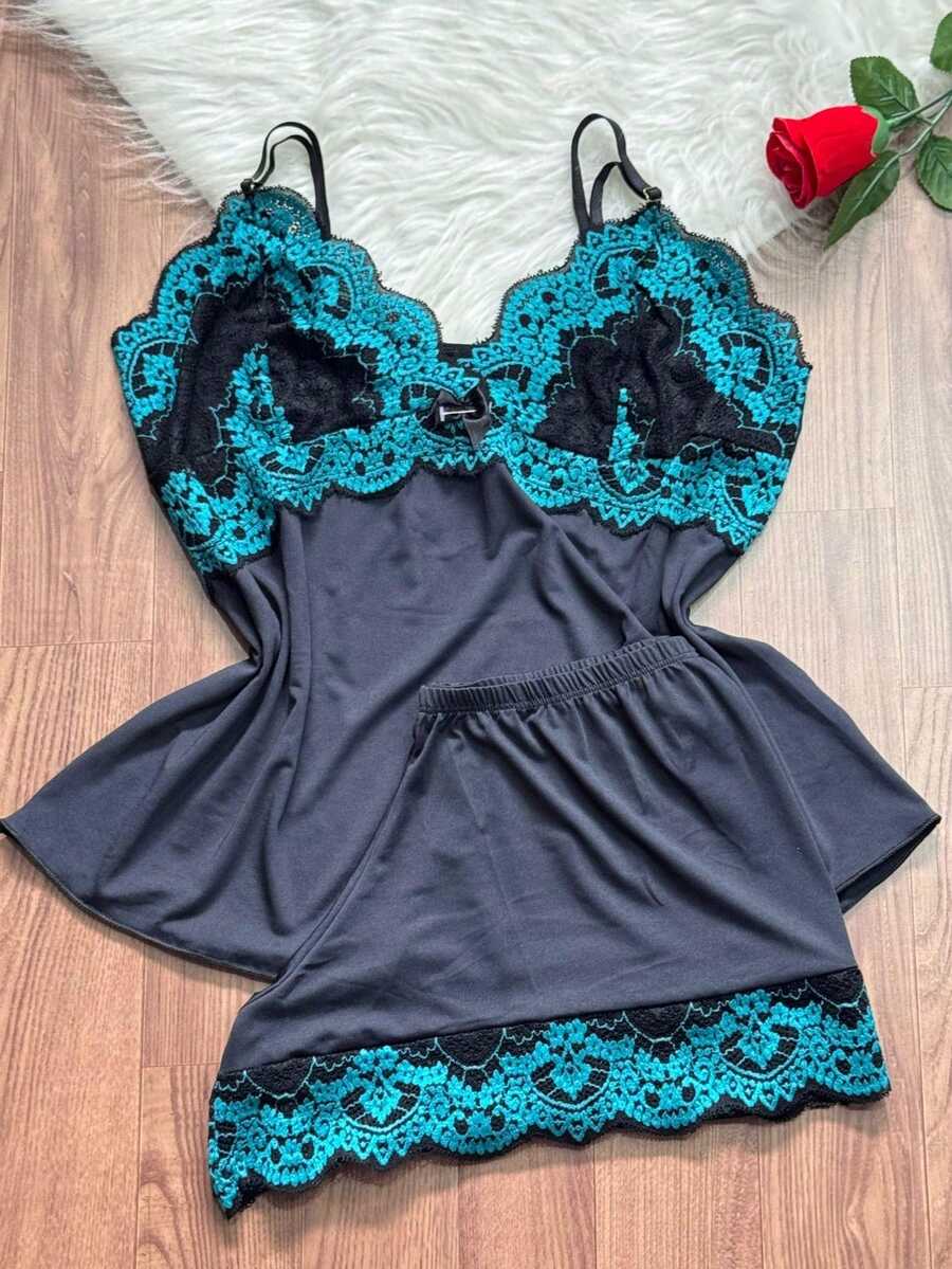 Short Doll Women's Pajama Set/ Two-Tone Lace - Mint Blue - View 1