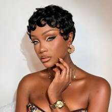 1B Black, 4# Brown, 99J Burgundy, 27# Gold Curly Short Pixie Cut Wig, Suitable For Gift To Loved Ones And Daily Wear, Made Of Brazilian Human Hair, Glue-Free Full Machine Woven Layered Wig - Multicolor - View 14