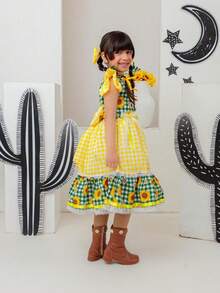 Short-Sleeved Puff-Sleeved Dress For Girls, Luxury Children's Clothing, Versatile, Stylish, Blogger-Worthy, Birthday Gift, Flared With Ruffles, Country, June Festival, Events, Party, Floral Print, Plaid, Premium, Square Dance, São João Set With Bow, Flowers, Lace. - 黃色 - 查看 3