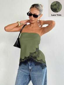 Top bandeau de satén mate con ribete de encaje, de moda casual de verano para playa y resort para mujer - Verde - Ver 4