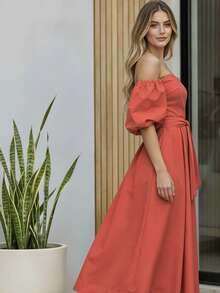 Vestido Largo Hombros Descubiertos Cinturón Ajustable Manga Bombacha Para Mujer - Coral - Ver 3