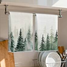 2pcs Watercolor Pine Forest Printed Kitchen Towels, 100% Polyester Kitchen Cleaning Cloths, Suitable For Restaurant, Kitchen And Home Decor; Quick-Drying, Lightweight, Fade-Resistant, Low-Shedding, Anti-Mildew, High Color Fastness, Size 40*60cm - Multicolor - View 9