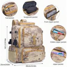 Fishing Tackle Backpack, 45L Storage Waterproof Travel Bag Store Fishing Gear With Insulated Top Pocket - Camouflage Khaki + Standard Size 4 Tackle Boxes Not Included 900d Nylon - View 4