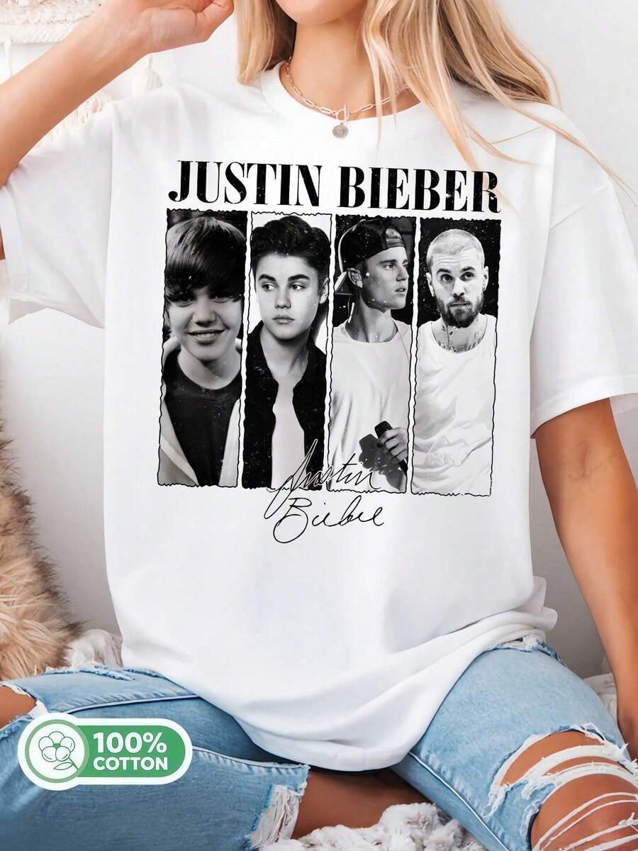 JJustin Bieber Eras Bootleg Cotton T-Shirt, White Oversized Fan Tee - White - View 1