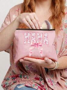 母親節禮物化妝包，媽媽專用化妝包，花卉蕾絲蝴蝶結圖案「Mom」字母，拉鍊盥洗包，適用盥洗用品、化妝品、旅行必需品，大容量收納袋禮物，便攜包，可愛化妝盒，旅行化妝包，臥室裝飾，返校季 - 彩色 - 查看 5
