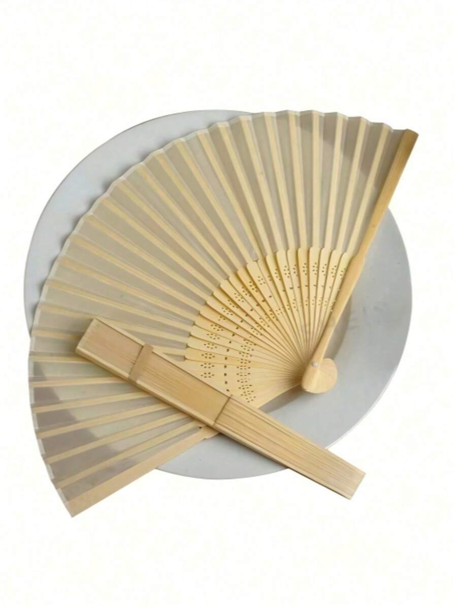 10/8/2/1 純絲手工扇,純色布料扇飾,婚禮禮物,摺疊竹扇,DIY桌面裝飾 - 米色 - 查看 1