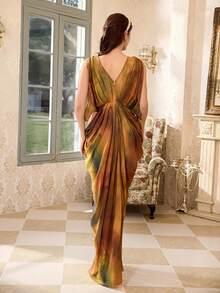 Elegant Women's Long Formal Dress, Deep V-Neck, Woven Fabric, Asymmetric Ruffle Design, Waist Rhinestone Detail, Open Back, Banquets Wedding Party - Multicolor - View 2