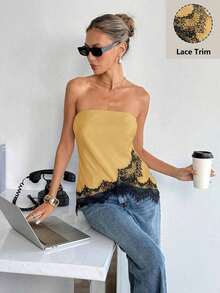 Top bandeau de satén mate con ribete de encaje, de moda casual de verano para playa y resort para mujer - Amarillo - Ver 6