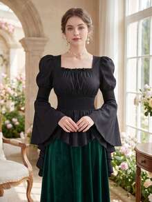 Summer Tops Women's Renaissance Shirt Long Sleeve Off The Shoulder Victorian Gothic Shirt Costumes Pirate Tops - 黑色 - 查看 1