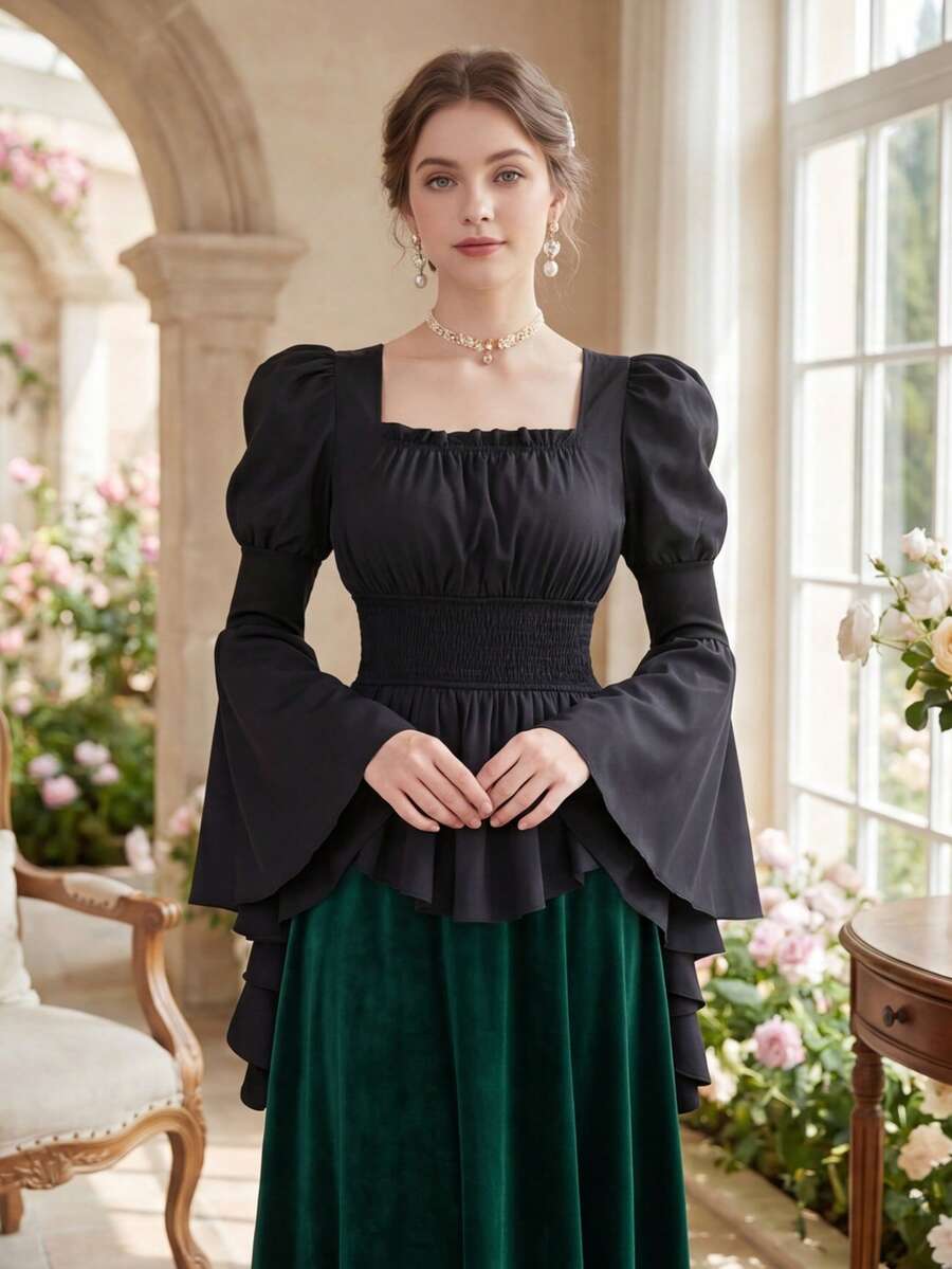 Summer Tops Women's Renaissance Shirt Long Sleeve Off The Shoulder Victorian Gothic Shirt Costumes Pirate Tops - 黑色 - 查看 1