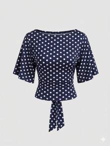Vela Rue Waist Tie Bow Solid Color Batwing Sleeve Boat Neck Fitted Elastic Navy Blue T-Shirt Casual - Navy Blue - View 2