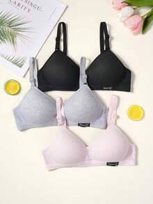 3pcs/Set Solid Color Triangle Cup Wireless Comfortable Cotton Bra, Suitable For 13-16 Years Old Girls - Multicolor - View 4