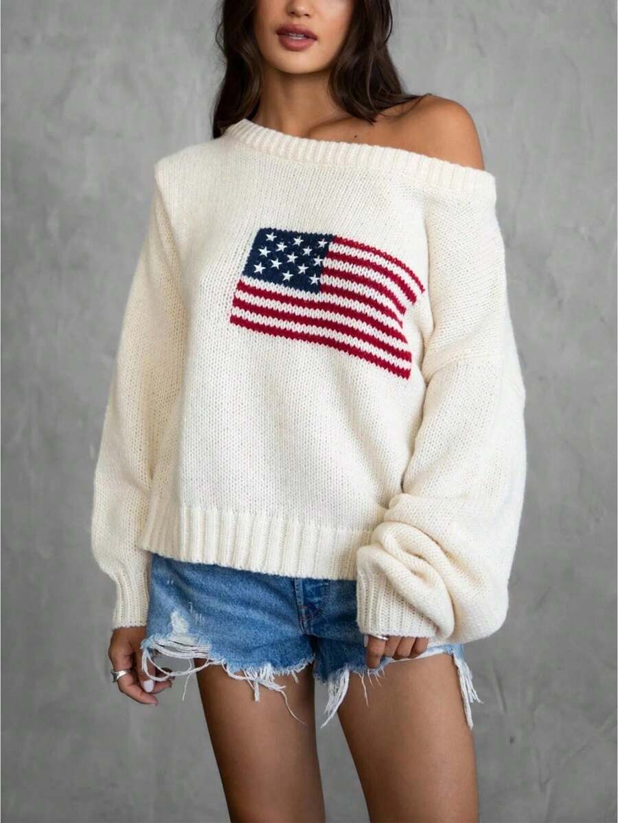 Women American Flag Off Shoulder Knit Sweater, Oversized Star Stripe Long Sleeve Loose Pullover, Patriotic Jumper For 4th Of July Daily Casual Wear - 白色 - 查看 1