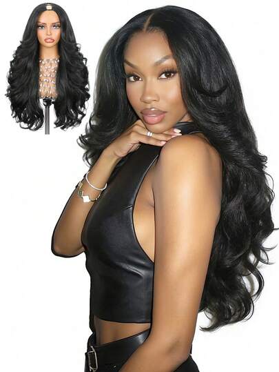 26 Inch Synthetic No Glue U-Part Wig, Yaki Curly V-Part Wig With Flipped Curls, For Daily & Party Use (Natural Black)