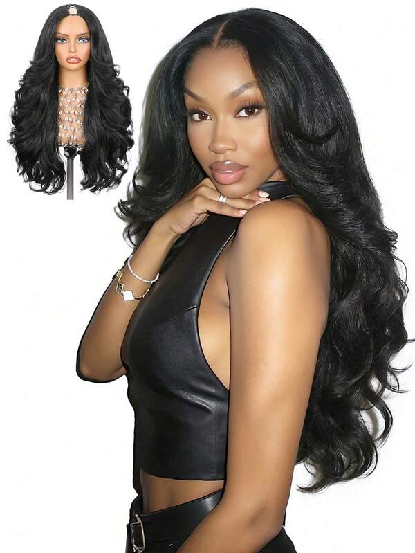 26 Inch Synthetic No Glue U-Part Wig, Yaki Curly V-Part Wig With Flipped Curls, For Daily & Party Use (Natural Black)