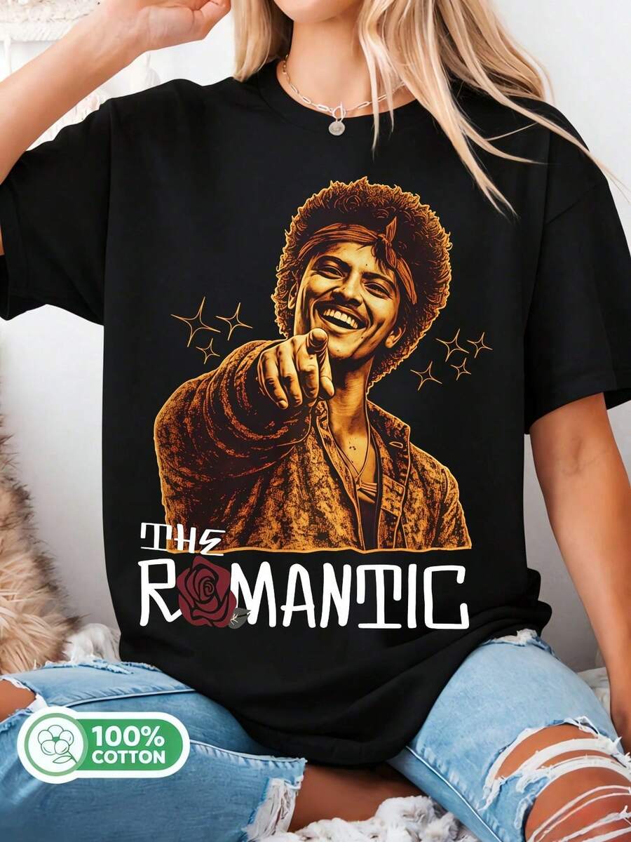 BrunoS Mars The Romantic Tour - Retro Portrait Graphic T-Shirt, Oversized Black Tee For Pop Music Fans. - Black - View 1