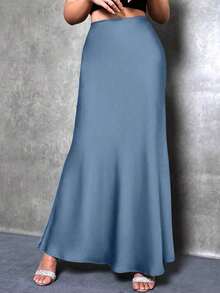 Women's Solid Color Mermaid Style Maxi Dress, Glossy Mid-Length Elegant Dress, Suitable For Parties And Everyday Wear Vintage Satin Met Gala - 霧霾藍 - 查看 4