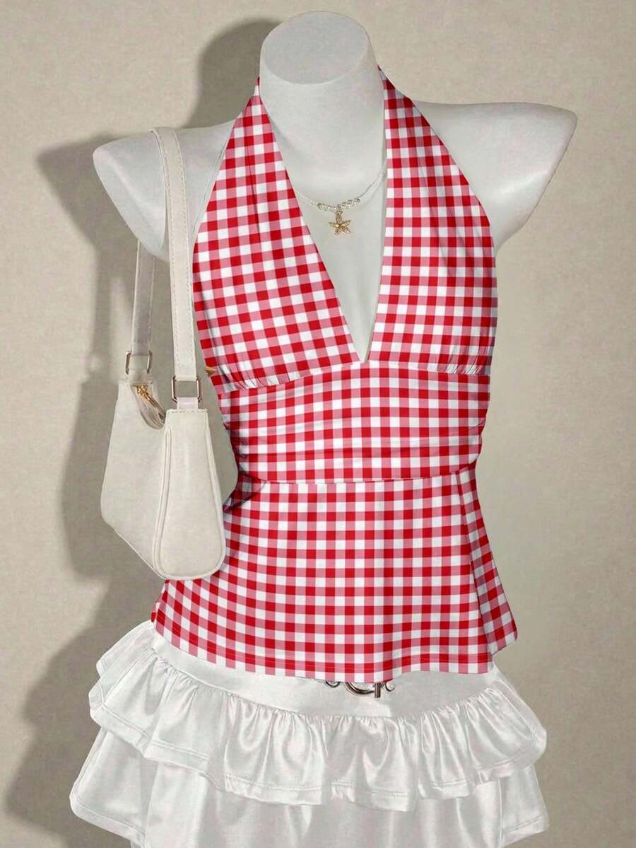 Top sin espalda de halter estilo boho marrón para salir, tipo babydoll, para primavera a verano - cuadros rosas - Ver 1