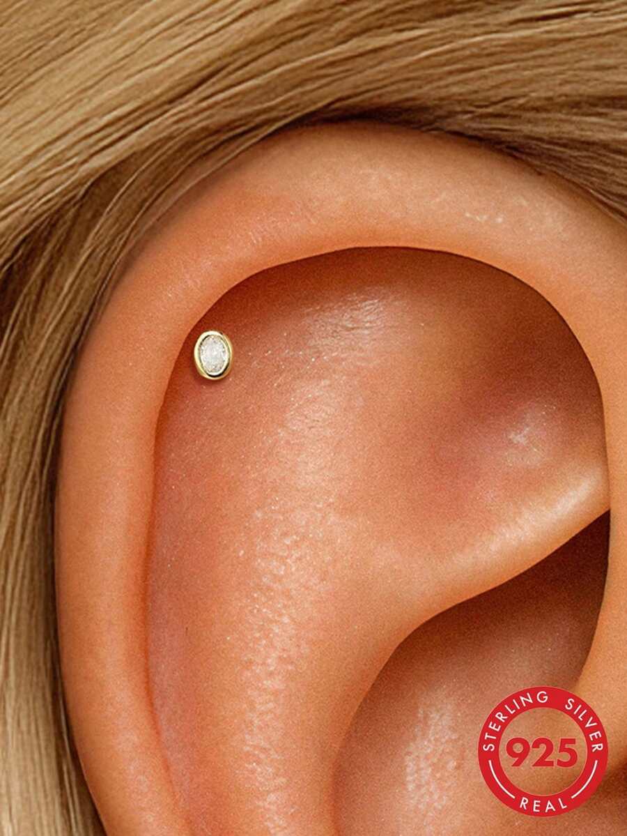SereneSpark 1Pc 925 Sterling Silver Classic Bezel Setting Egg-Shaped Cubic Zirconia Stud Earring Flat-Back Dainty Cartilage Helix Tragus Lobe Piercing Suitable For Women For Daily, Dates, Vacation, Wedding, Beach, Holiday Gift - Gold - View 1