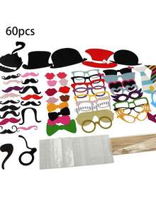 Set Perlengkapan Foto Pesta Warna-warni Isi 60 Buah, Kumis Lucu, Kacamata, Bibir, Topi untuk Selfie, Cocok untuk Ulang Tahun, Pernikahan, Pesta, dan Lainnya - Beraneka warna - View 7