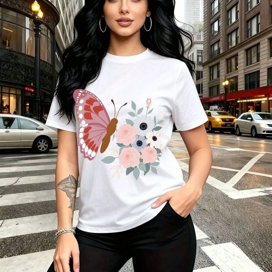 Camiseta de mujer con estampado de mariposa rosa y blanca sobre ramos de flores - camiseta casual de manga corta, ajuste cómodo y moderno, estilo urbano chic - ideal para paseos por la ciudad, tardes de shopping y regalo perfecto para mamá, esposa, n - Blanco - Ver 1