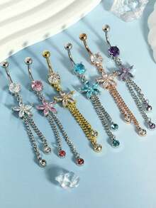 1 pieza Anillo de ombligo para mujer de 14K, colgante de corazón y flor de acero inoxidable, cadena larga de circonita cúbica para piercing de ombligo, diseño hipoalergénico - Piercing en el ombligo - Ver 4