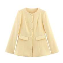 GDDYIN Chaqueta blazer de cuello redondo y cintura para mujer, nueva, elegante, casual y de oficina, para primavera - Amarillo - Ver 7