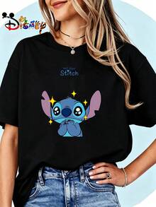 Breathable Cotton Disney Fan Tee | "Excited Stitch With Sparkles" Cute Lilo & Stitch Graphic Print | Nostalgic Cartoon Pullover Shirt - 黑色 - 查看 1