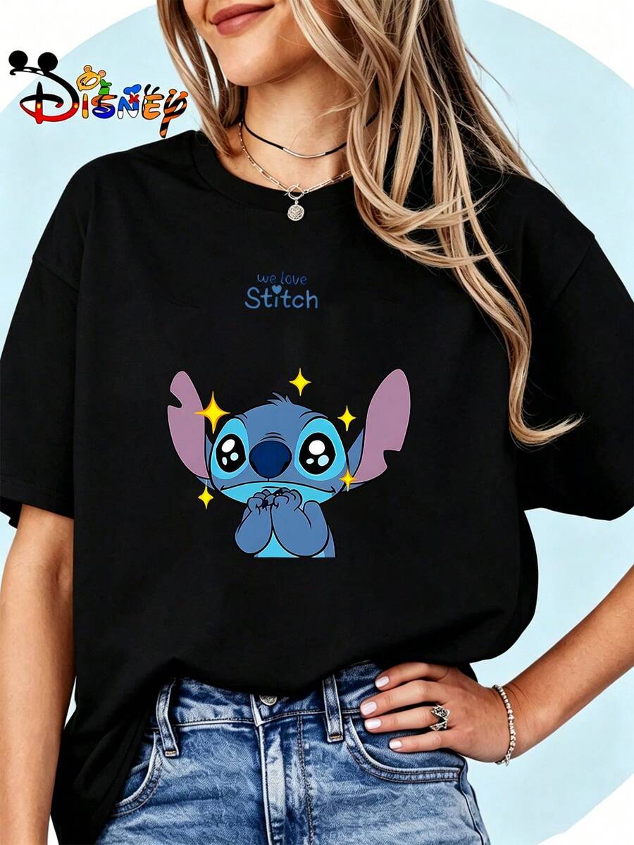 Breathable Cotton Disney Fan Tee | "Excited Stitch With Sparkles" Cute Lilo & Stitch Graphic Print | Nostalgic Cartoon Pullover Shirt - 黑色 - 查看 1
