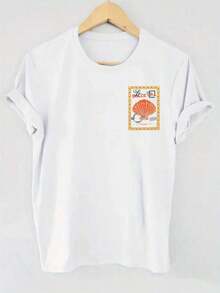 Women's Casual Round Neck Short Sleeve T-Shirt, Summer Beach Ocean Shell Stamp Pattern, WhiteBreathable And Comfortable - Blanc 2 - View 5