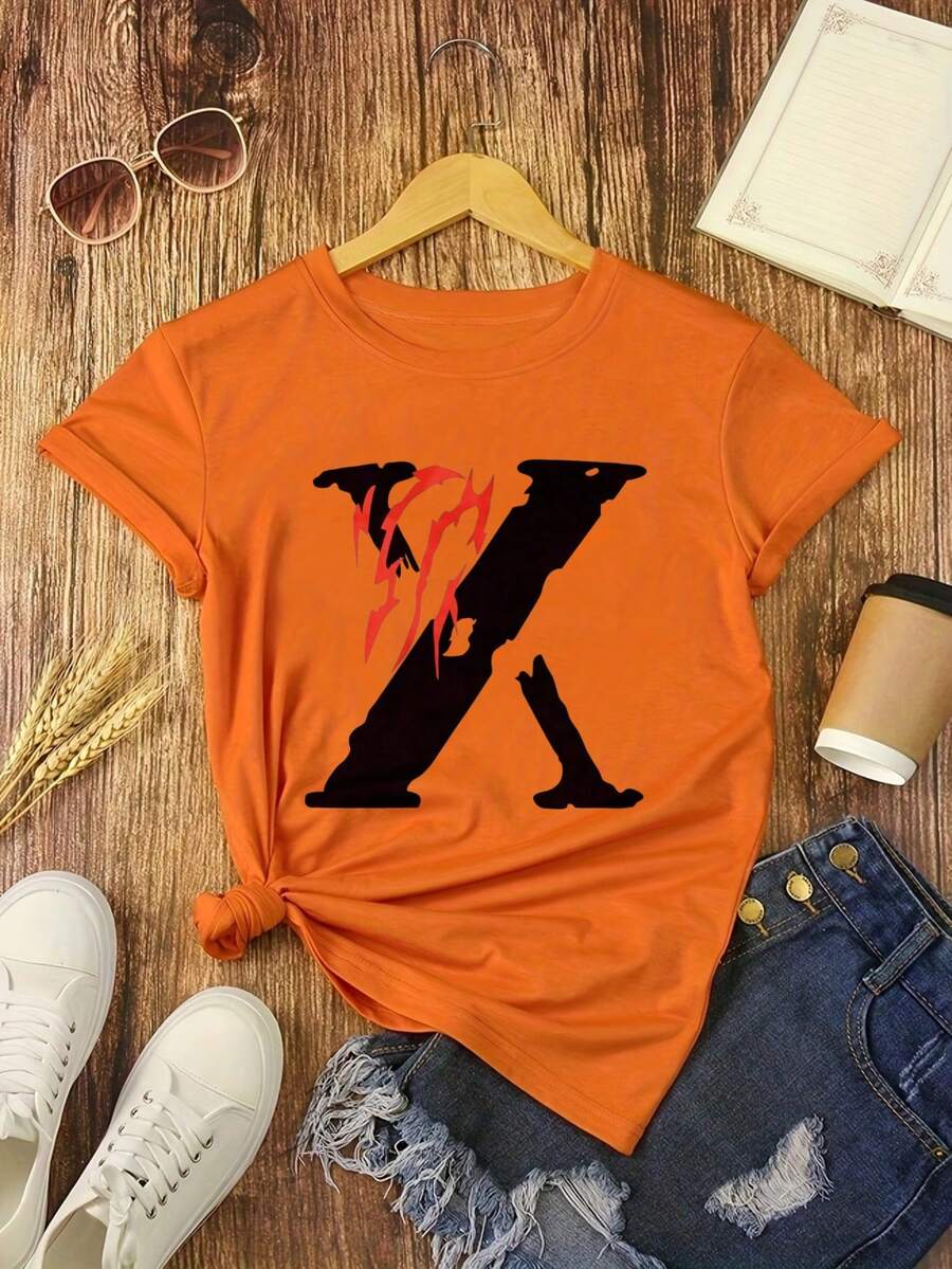 Red Flame Design And Print X Digital Print Short Sleeve Unisex Pure Cotton Loose And Comfortable - لون برتقالي - مشاهدة 1