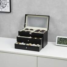 24-Compartment Organizer Box For Watches And Glasses, Display Box, 24-Compartment Watch & Glasses Storage, 12 Watch Slots, 12 Glasses Slots, 3-Tier PU Glass Organizer - Black - View 5