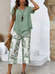 Women's Leaf Print 2 Piece Outfit, Lightweight Breathable Asymmetrical Hem Short Sleeve Top & Capri Pants, Casual Daily Vacation Summer Outfit Set - 綠色 - 查看 5