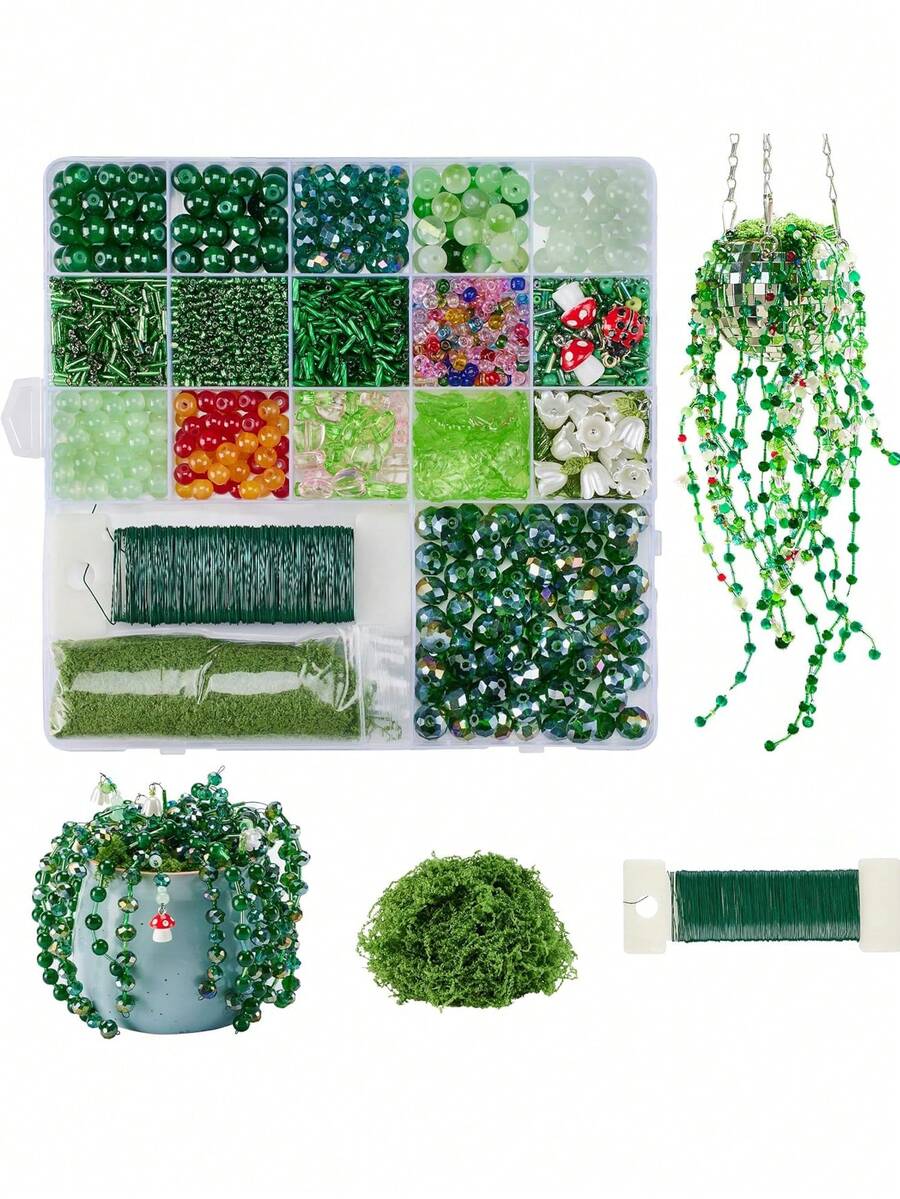 DIY 綠色植物珠飾吊飾套組，含珠子、苔蘚與金屬線，可製作迪斯可球植物吊籃，手工藝品，居家裝飾 - 綠色 - 查看 1