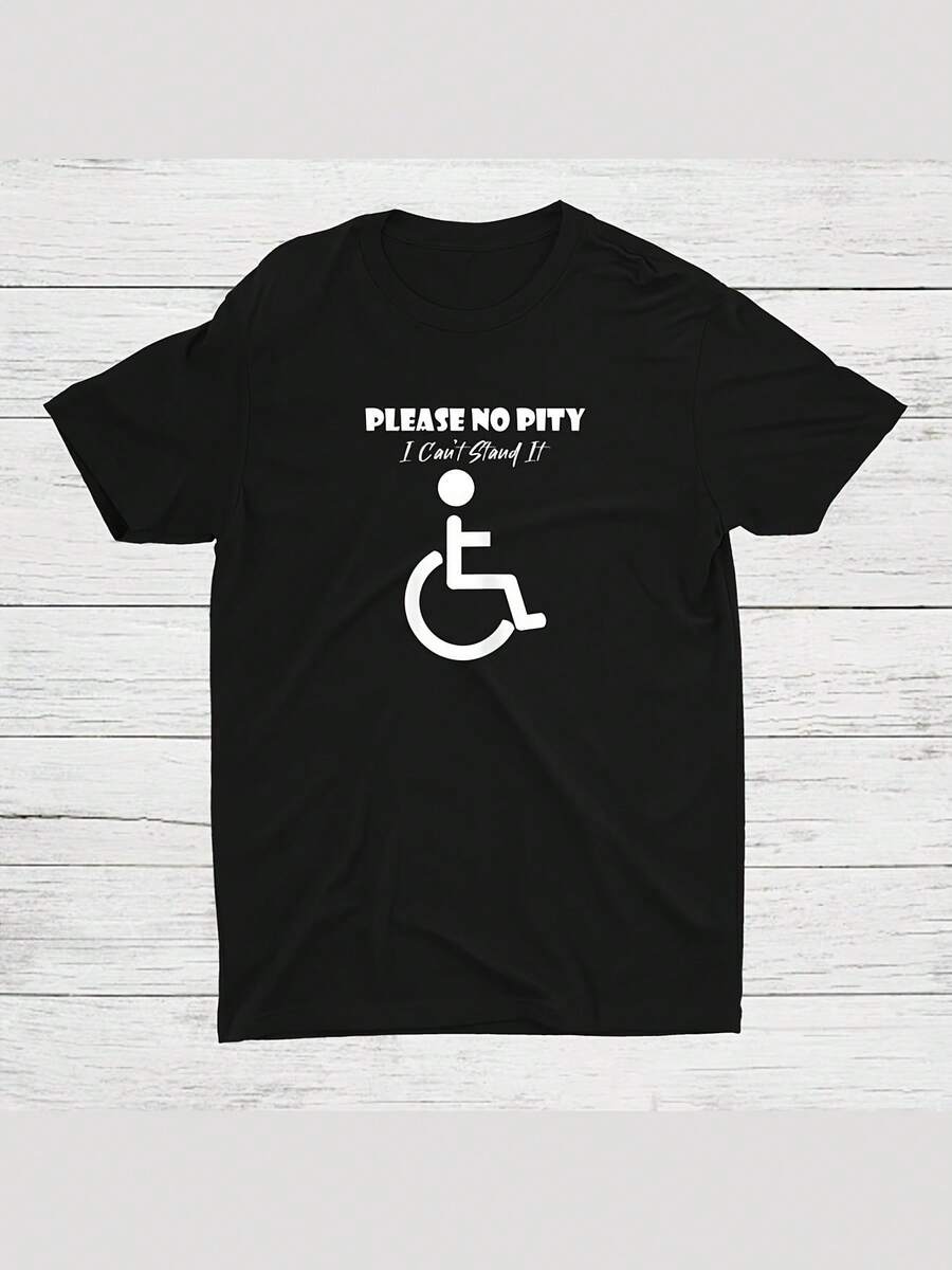 Herren-T-Shirt mit humoristischem Rollstuhl-Aufdruck "Bitte kein Mitleid" – 1 Baumwolle, Vintage, locker geschnittenes Rundhals-T-Shirt, 22 g/m², maschinenwaschbar, lässiges Sommer-Oberteil, Schwarz-Weiß-Druck, T-Shirt zur Sensibilisierung für Menschen mit Behinderungen, humorvolles Design - Schwarz - Übersicht 1