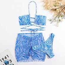 2026 New Striped Print Drawstring Tie Three-Piece Swimsuit Bikini - Black - View 8