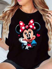 Disney Minnie Mouse With Red Polka Dot Bow And Hearts Print Women T Shirt Round Neck Short Sleeve Casual Daily Wear For Spring Summer Soft Comfortable 220g - màu đen - Xem 1