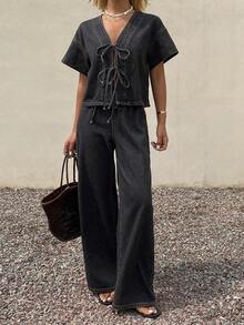 Conjunto de ropa de verano para mujer, blusa de manga corta con nudo delantero y pantalones vaqueros de corte holgado - Gris - Ver 8