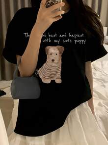 Women's Loose-Fitting Short-Sleeved T-Shirt, Fresh And Sweet Style, Striped Shirt With Dog And Letter Print, Pure Cotton Fabric, Y2K Style, Suitable For Everyday Summer Wear, Versatile Casual Sports Top. - 黑色 - 查看 1