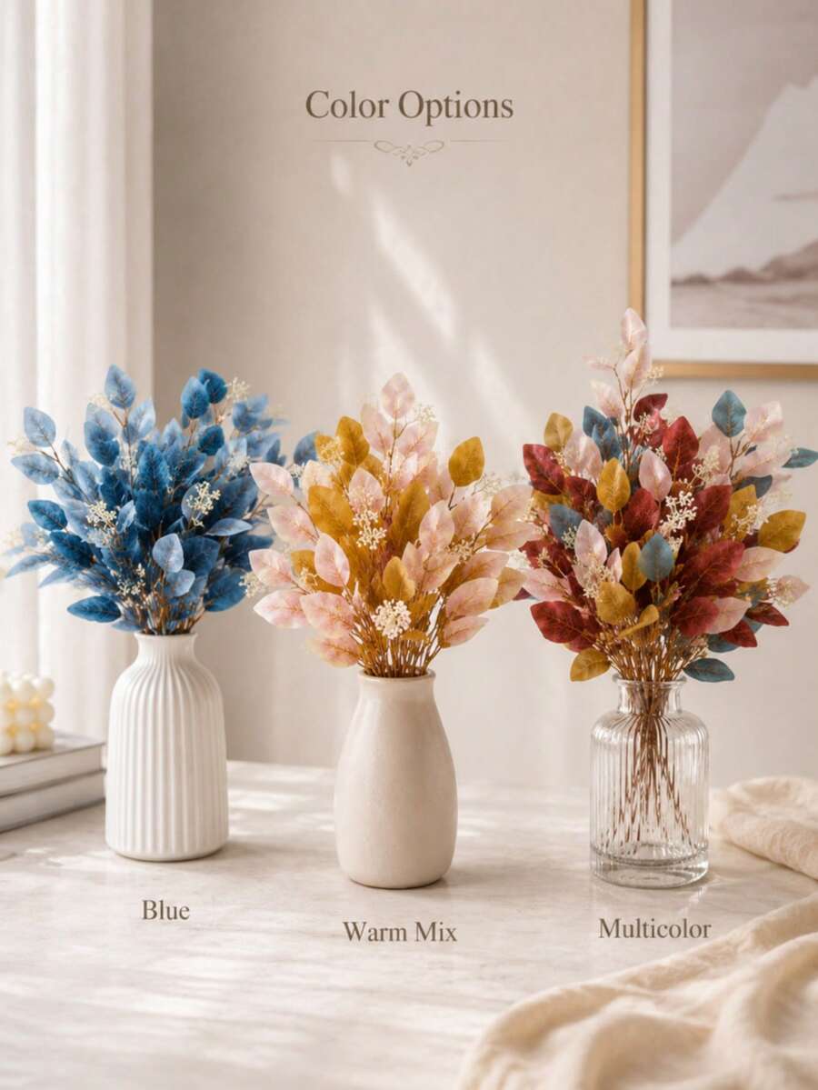 3pcs Artificial Eucalyptus Leaves, Greenery For Wedding Decor, Home Floral Arrangement, Single Stem Faux Eucalyptus Leaves - Multicolor - View 1