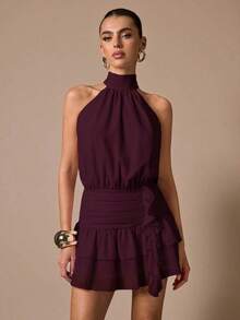Vestido corto sin mangas con volantes en el bajo, de unicolor. Vestido elegante, dulce y lindo, adecuado para citas románticas, fiestas, reuniones formales, vestidos de dama de honor, vestidos de verano, vestidos de té, Año Nuevo, Día de San Valentín, vestido de cumpleaños, vestido rosa - Granada - Ver 6