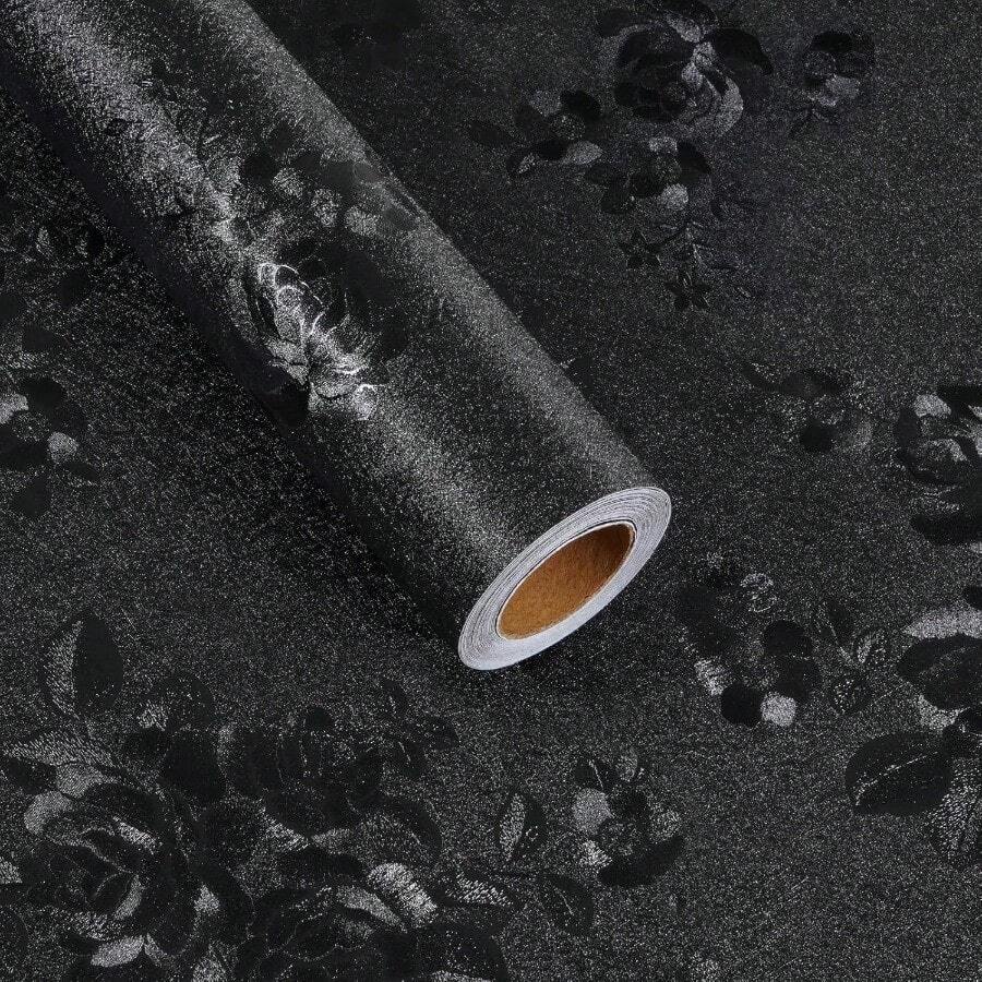 1 Roll Thickened Black Floral Embossed Contact Paper, Peel And Stick Removable Waterproof PVC Vinyl Wallpaper For Cabinets Countertops Drawers Table Kitchen Bathroom Home Decor