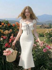 Vestido de verano unicolor para mujer, diseño sencillo con volantes en la parte inferior - amarillo ganso - Ver 5