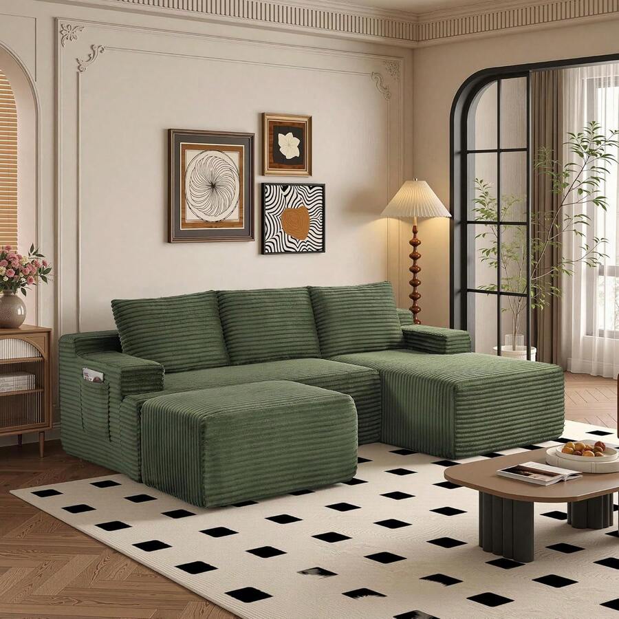 96" Sectional Couches For Living Room Cloud Couch Sofa With L-Shape Upholstered Boneless Couchs Modern Modular Sectional Couch With Chaise (Green, 96" W+Right Facing Chaise+2Seaters+Ottoman) - 綠色 - 查看 1
