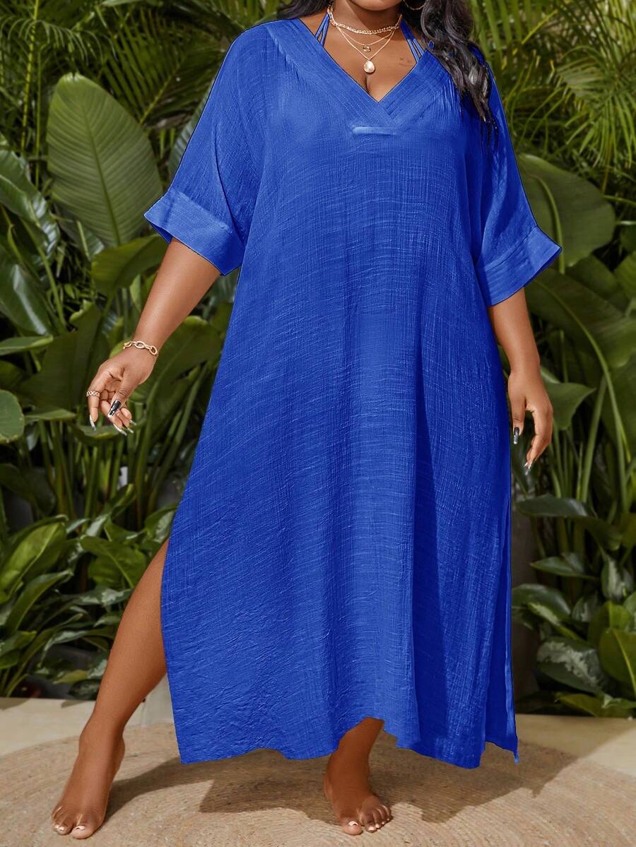 Vestido de talla grande tipo vestido de playa con mangas de murciélago y abertura lateral, de unicolor, para uso casual/verano y vacaciones en la playa - azul real - Ver 1