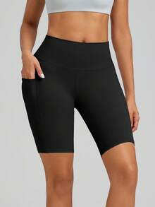 2pcs/Set Women's Elastic High Waist Butt Lifting Tummy Control Cycling Shorts, Summer Sports Shorts, With Pockets, High Elasticity, Comfortable Breathable, Quick Dry Moisture Wicking, Solid Color, Knitted Fabric, Suitable For Gym Fitness, Cycling, Jogging, Running, Workout, Training, Yoga, Pilates - Black - View 4