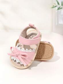 1 Pair Girls Bowknot PU Hook And Loop Design Flat Non-Slip Princess Shoes Soft Rubber Sole Walking Shoes Hollow Breathable Infant Sandals Suitable For Spring And Summer - Pink - View 5